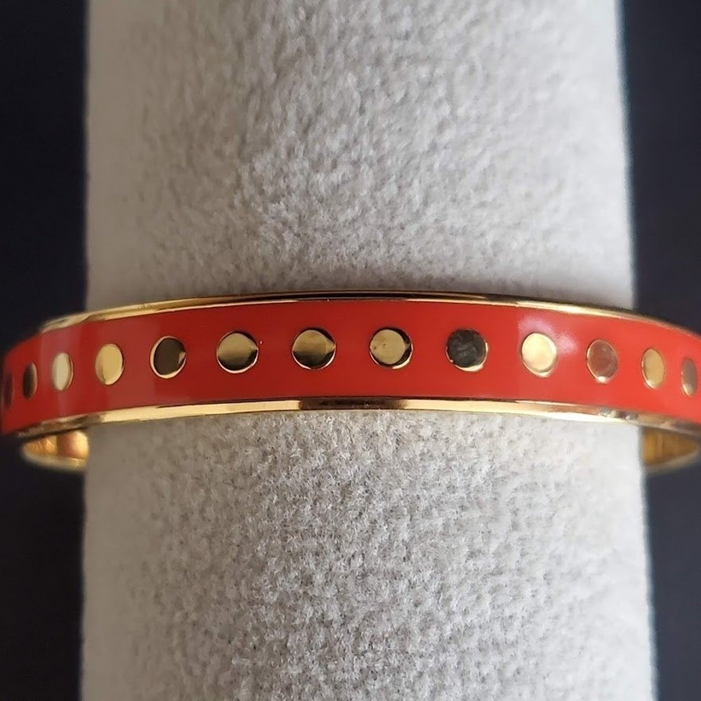 Kate Spade Penny For Your Thoughts Orange Enamel Gold Polka Dot Bangle Bracelet - Picture 2 of 8